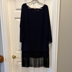 Marina Rinaldi Dark Blue Long Sleeve Dress with Fringe